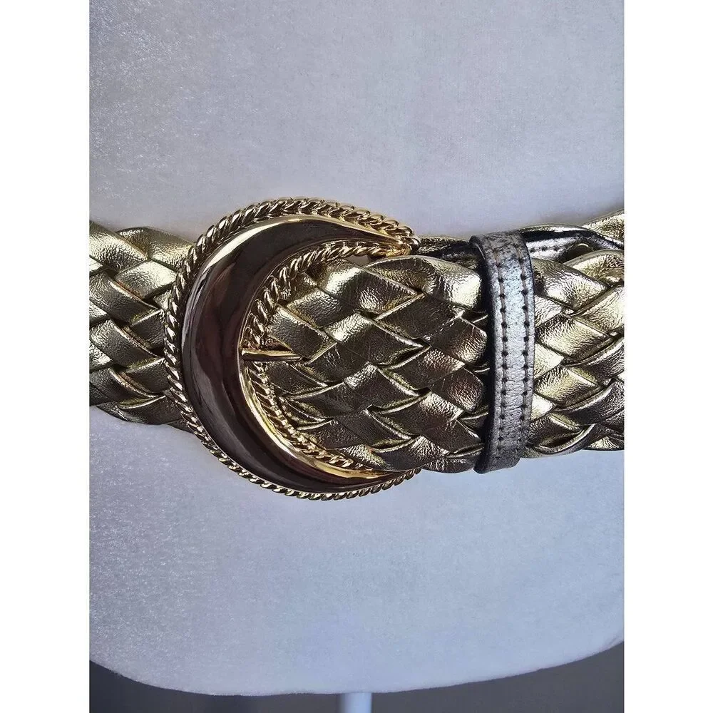 Gold Belt Wide Woven Faux Leather Sz M